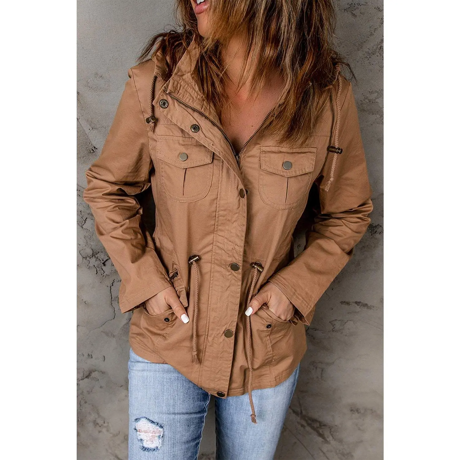 Drawstring Waist Hooded Jacket with Pockets Womenswear Coats