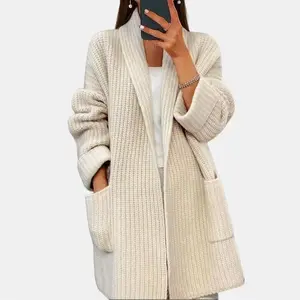 Women's Long Sleeve Loose Knitted Cardigan With Pockets Fashion Casual Minimalist Winter Sweater Jacket in Milky White & Camel