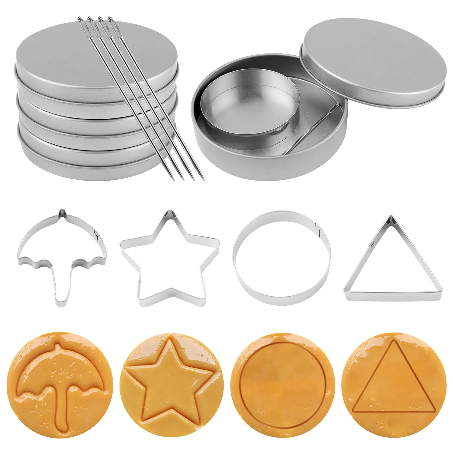 12pcs Stainless Steel Game Cookie Cutters,  Candy Sugar Making Tools with Umbrella, Triangle, Star, Round Biscuit Molds for Christmas, Valentine's Baking Kits, Tin Boxed Party Favors