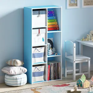 LUDER 7-Cube Open Cubes Composite Wood Bookcase - 9.4x19.5x41.7in Staggered Height Shelf, for Minimalist Bedroom & Living Room Home Office, White/Light Blue