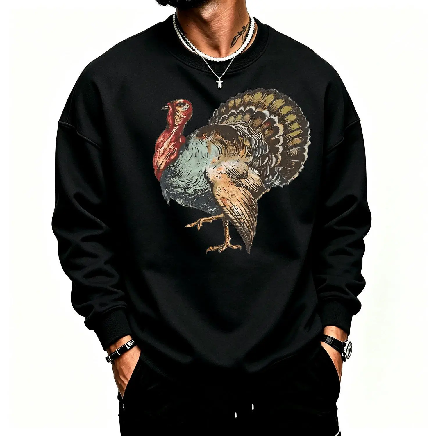 Men Sports Sweatshirt Rooster Print Pullover Casual Long Sleeve Crew Neck For Fall Winter Mens  Top