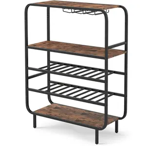 COSTWAY - 16 Bottle Wine Rack with 5-Tier Wine Shelf and Glass Holders for Kitchen Bar-Rustic Brown