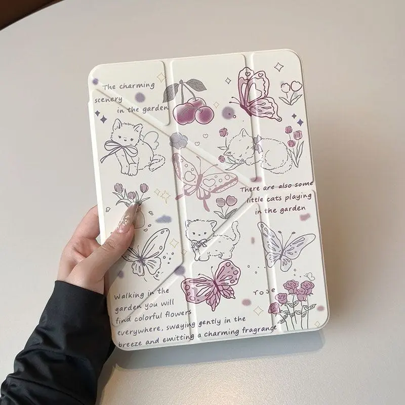 Butterfly ＆ Cat Compatible With Ipad A16 2025 Air 11 13 M2 M3 Pro 11 13 M4 2024 Air 4 5 10th 10.9 Pro 11 9th 8th 7th 10.2 Pro 12.9 4th 5th 6th Transparent Back Flower Protective Cover Y Fold Case Tablet Protective Cover Tablet Casing Tablet Accessories