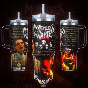 Eternally Yours Motionless In White MIW 40 oz Vacuum Insulated Tumbler with Handle Straw Haunt Me Most Lyrics Graphic Keeps Drinks Hot/Cold 12H 18/8 Stainless Steel Travel Mug Metal Fans Alternative Music Lovers Dark Aesthetic Merch Gift