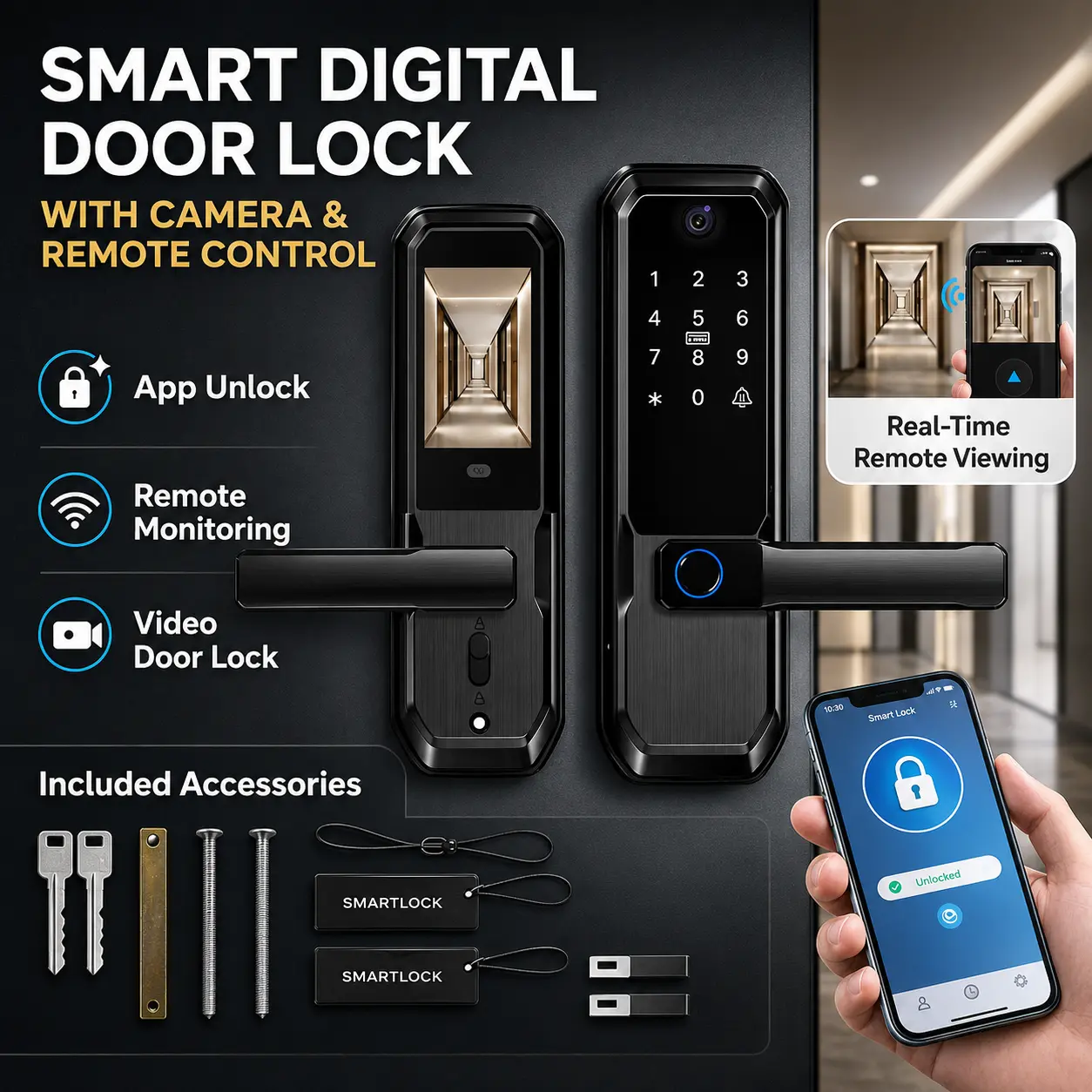 UMIKSMART TUYA Wi-Fi Fingerprint Detection Smart Door Lock with Handle, Active Video Peephole Camera, Knockers, Anti-Peeping PIN, Electronic Mechanism, App Remote Access for High-End Apartments (Black)