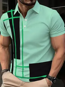 Men's Lightweight Polyester Shirt, Mint & Geometric Print, Casual Office Wear, Breathable Durable Fabric, Short Sleeve Top
