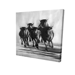 360 stand High-Def Gray Farm Animals Wall Art Photo Print, 24x24in Galloping Bulls Decorative Artwork, Artistic Room Decoration for Home Decor
