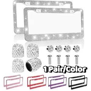 Bling License Plate Frames - 2pcs Stainless Steel Diamond Frames with Bling Valve Stem Caps, Rhinestone Sparkly Car Plate Frame for Women, Front and Rear Set Girly Car Accessories Automotive Vehicle.（US/CA STANDARD）