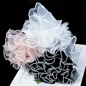 Valentine's Day Floral Decorations, 4 Yard Long Pleated Wavy Bouquet Wrapping Mesh, Transparent Flower Packaging Material, Floral Appliques