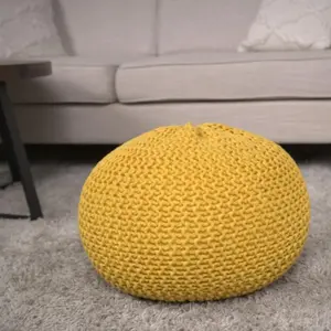 Stylish Navy/Yellow Knit Round Pouf | Comfy Foot Stool & Ottoman for Sofa Living Room or Bedside | Cotton Decorative Seat
