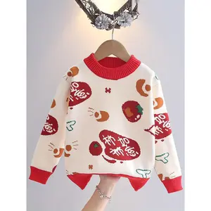 Girls' Red & White Sweater - Loose Fit Long Sleeve Pullover with Chinese Good Luck Symbols, Soft Knit Sweater for Fall/Winter, Everyday & Party Outfits - Girls' Clothing, Festive Attire, Playful Design, Comfortable Fabric, Holiday Outfit, Round Neckline,