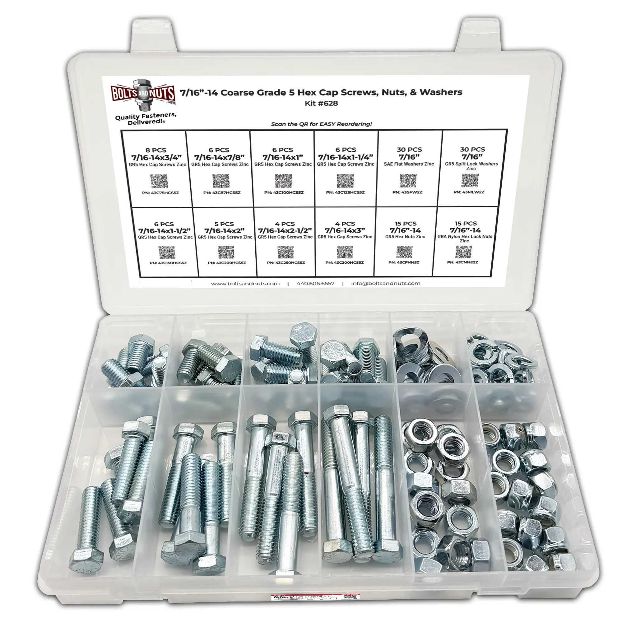 Assortment Kit #628 (136Pcs.) 7/16"-14 Grade 5 Hex Cap Screws, Grade 5 Hex & Nylon Nuts, Flat & Lock Washers - Zinc Plated