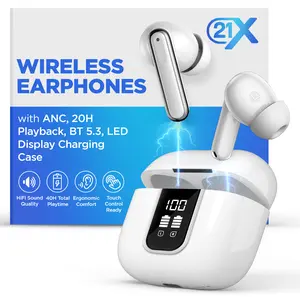 21X Wireless Earbuds with ANC HiFi Sound 20H Playback LED Display Case BT 5.3 Touch Control IPX4 Waterproof True Wireless Earphones for TV Phone Laptop iOS & Android Compatible