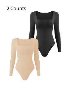 Women's Plain Long Sleeve Crop Body Shaping Shapewear Bodysuit, Thong Design, Square Neck Slimming Tummy Control, Ladies Underwear & Shapewear