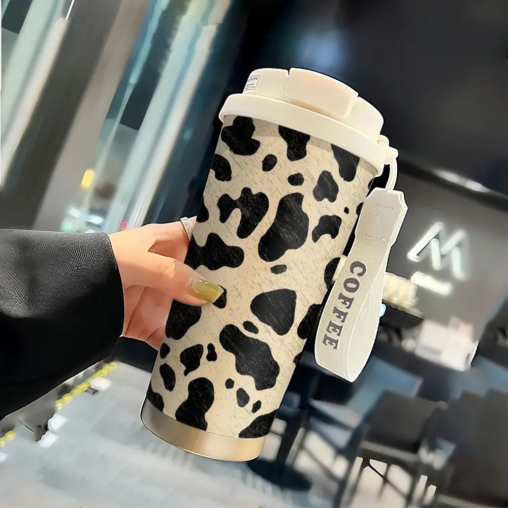 Cute Cow Coffee Cup, 530ML Insulated Travel Mug with Straw and Lid, Dual Wall Vacuum Flask, Leak-Proof Handle, Suitable for Hot/cold Drinks