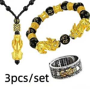Lucky Pixiu Jewelry Set 3PCS – Black Beads Style Mantra Bracelet, Pixiu Pendant Necklace, Stainless Steel Ring, Wealth Prosperity Feng Shui Gift