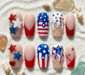 4th of July Ice Cream Press On Nails, Patriotic Drip Star Nails, Red White Blue Summer Nails, Cute USA Nail Set, Reusable Glue On Nails