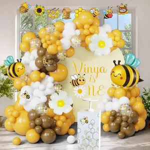Bumble Bee Decorations, 115 Pcs Mustard Yellow Brown White Balloon Arch Kit with Bee Balloon, Paper Cucouts for Happy Bee Day Birthday, "What Will Baby Bee" Gender Reveal