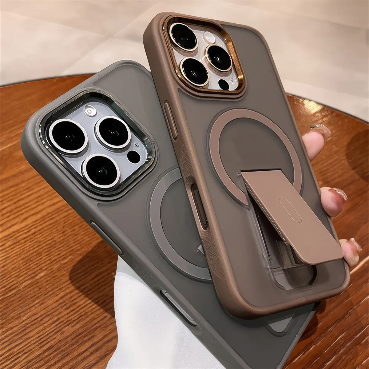 Frosted Skin-Feel Magnetic Bracket Plastic Protective Case for iPhone 13/14/15/16 Pro Max/17 - Silicone Soft TPU-Polycarbonate Shockproof Cellphone Handheld Accessory