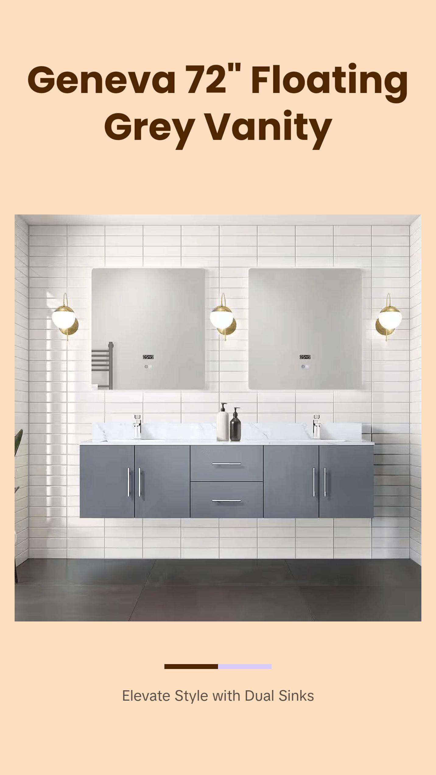 Geneva 72 In. Floating / Wall Mounted Dark Grey Bathroom Vanity With Double Undermount Ceramic Sink, White Carrara Marble Top