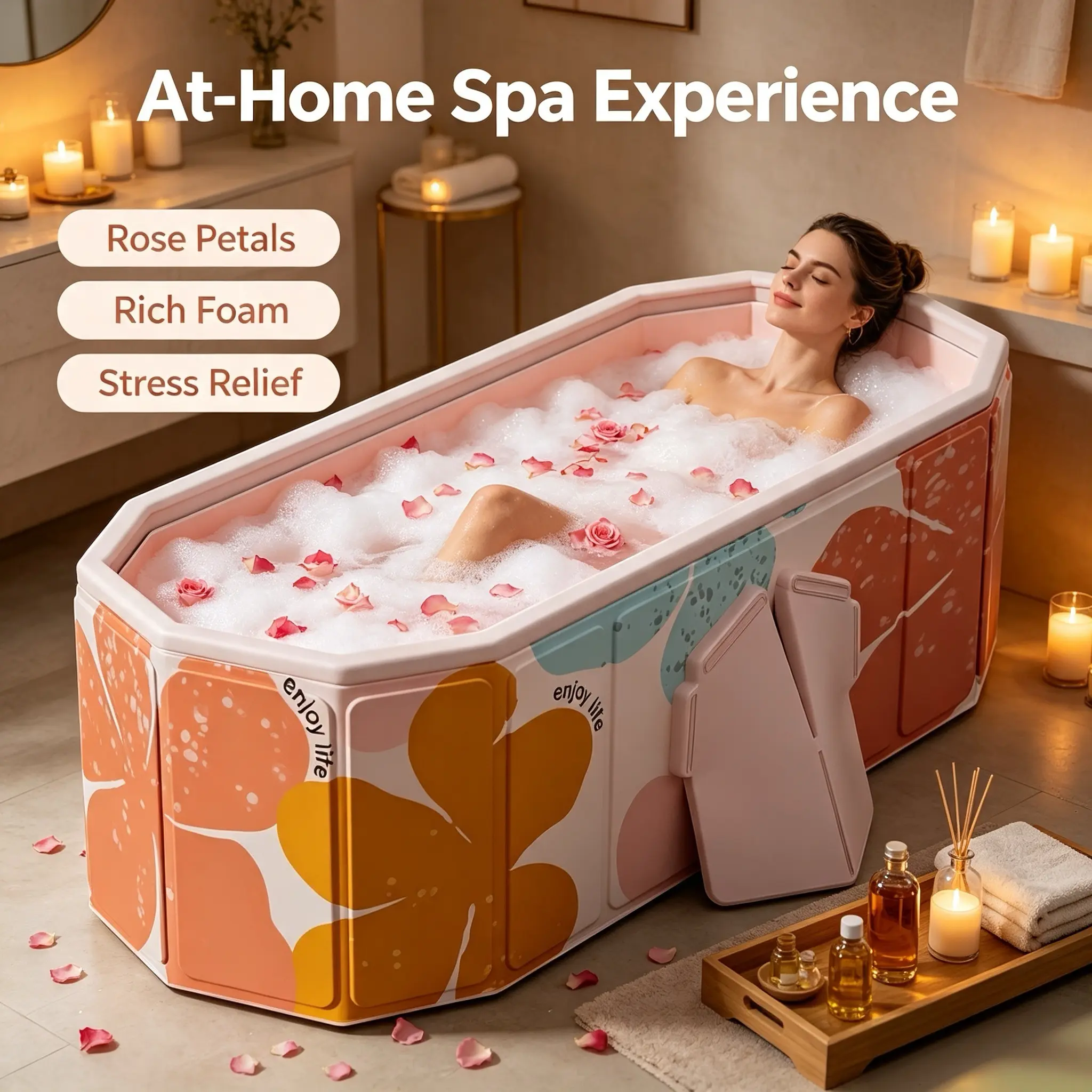 1.5m Extra-Large Foldable Portable Bathtub for Adults - Space-Saving Household Spa Tub with Fast Dual Drainage
