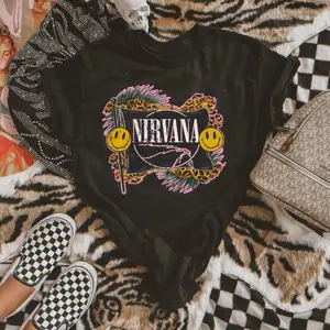 Nirvana Smiley Tee, vintage crewneck sweatshirts, western outfits women, cowgirl outfits, western clothing stuff tops, country concert outfits, western tops clothes, country girl stuff