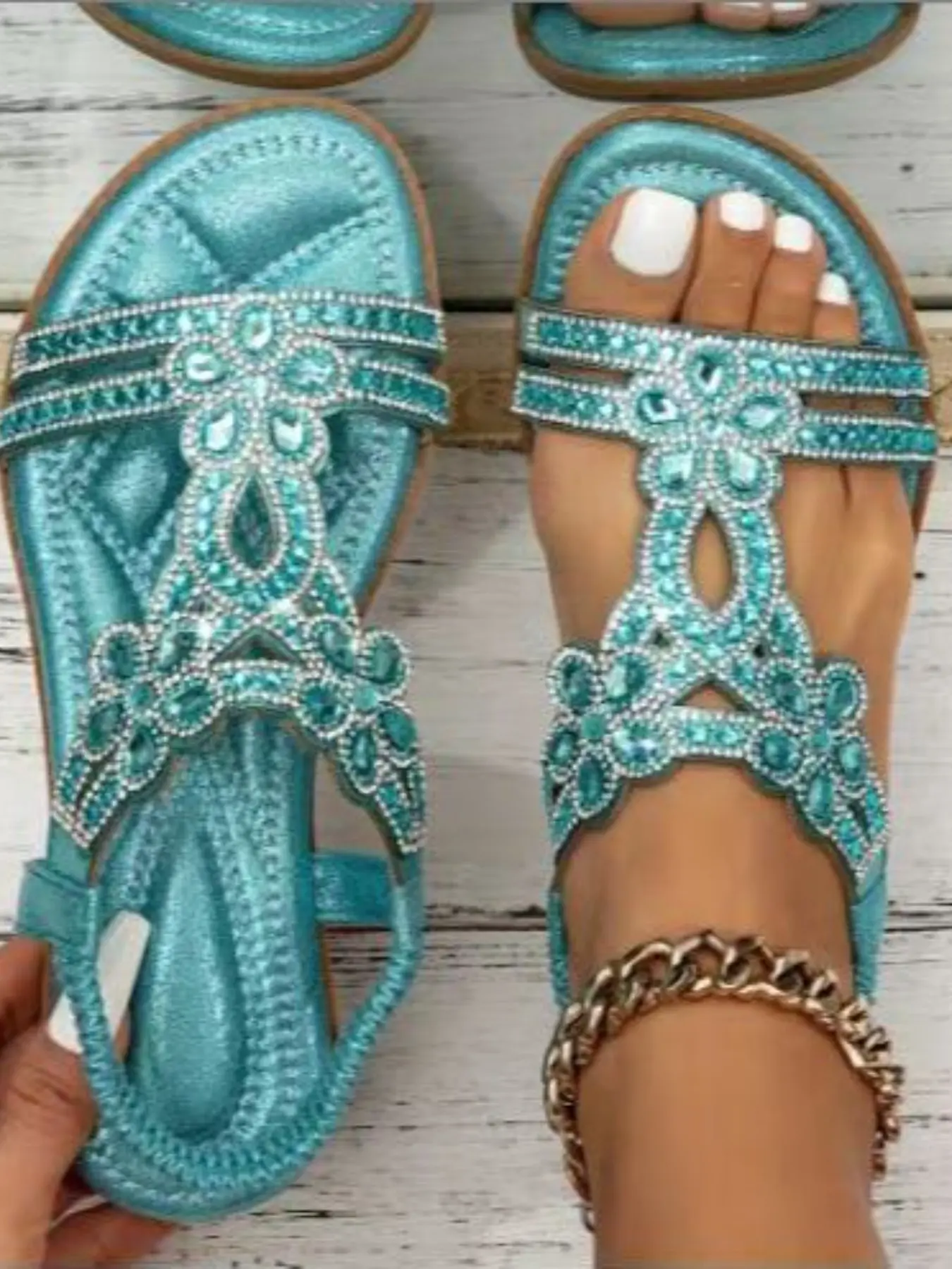 Women's Summer Boho Sandals, Fashionable Rhinestone Sandals, Soft Sole Anti-Slip Design, Water Resistant Beach Shoes, Perfect for Casual & Daily Wear, Boho Style Sandals