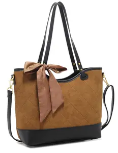 LA TERRE Two-Tone Quilted Tote Bag with Scarf Accent - Women's Suede & Leather Shoulder Bag T3763