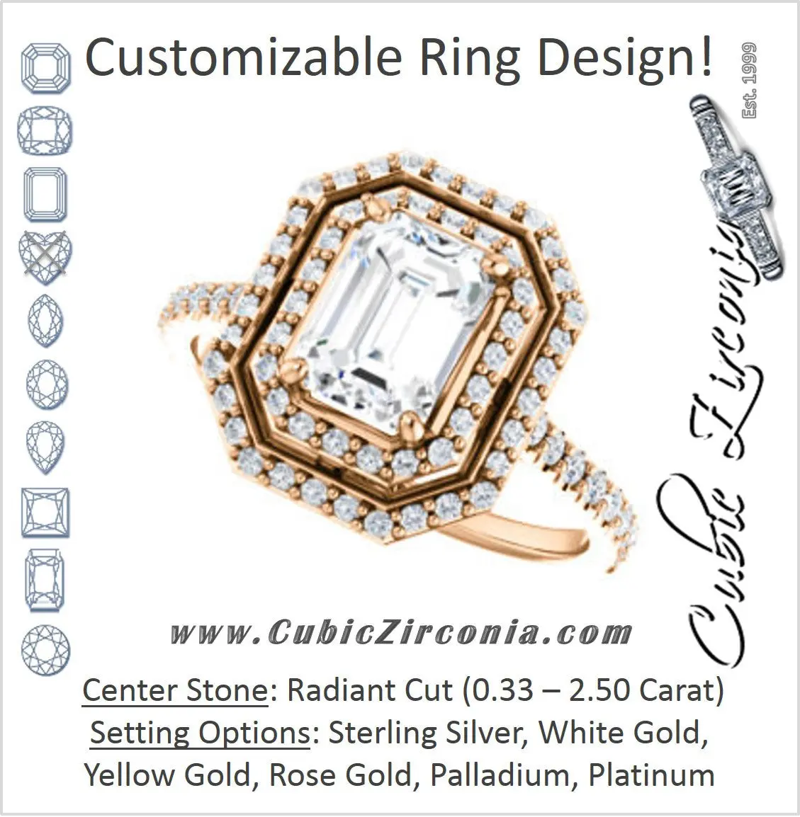 Cubic Zirconia Engagement Ring- The Alisa (Customizable Radiant Cut with Geometric Double Halo)
