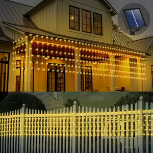 Large Size Solar Curtain Lights Outdoor, 8 Modes Outdoor Solar String Lights, Solar Garden Lights Decorations for Patio,Gazebo,Eaves,Fence,Tree,Porch