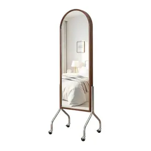 Bellemave Arched Full-Length Rubber Wood Frame Floor Mirror with Storage Shelves, Wheels, Rolling Cart - 2-in-1 Dressing Mirror & Bookcase for Bedroom, Living Room