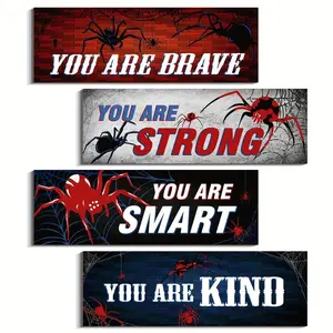 Spider Decorative Wooden Plaques Set of 4, Motivational Spider Wall Art for Bedroom Game Room, Living Room Home Decoration, Home Decor Products