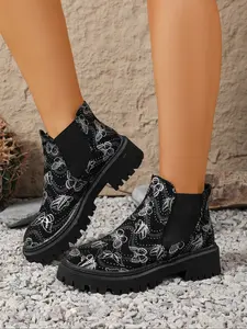 Women's Chunky Heel Short Boots, Butterfly Print Design, Comfortable Fashion Shoes, Daily Wear, Trendy Casual Footwear