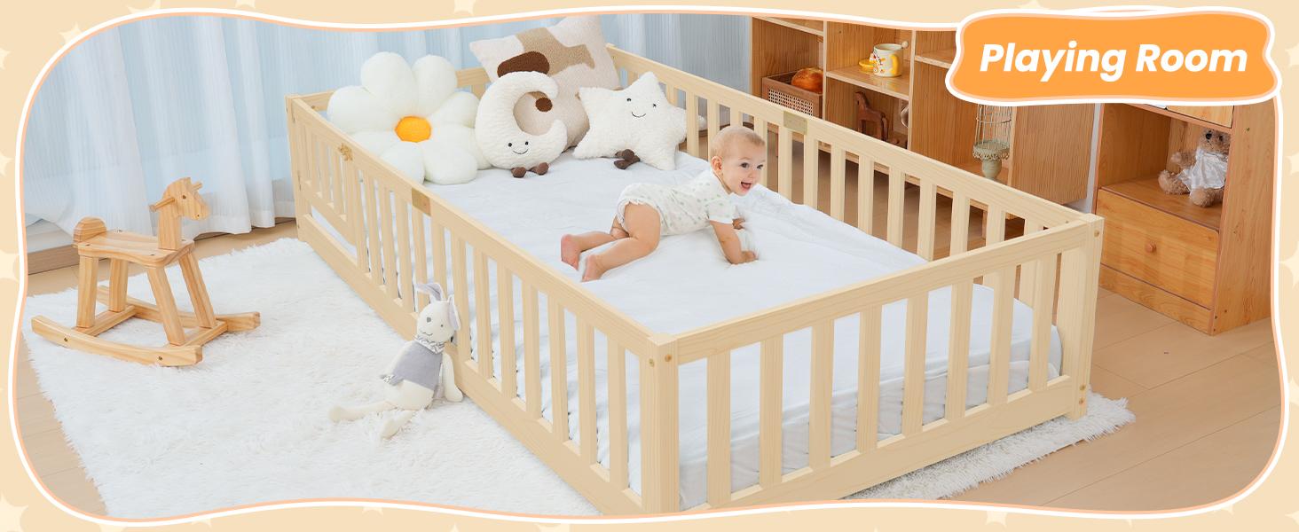 Naudacaa Twin/Full Size Montessori Floor Bed for Kids, Solid Wood Bed Frame with Fence, Door & Safety Guardrails, CPC Certified