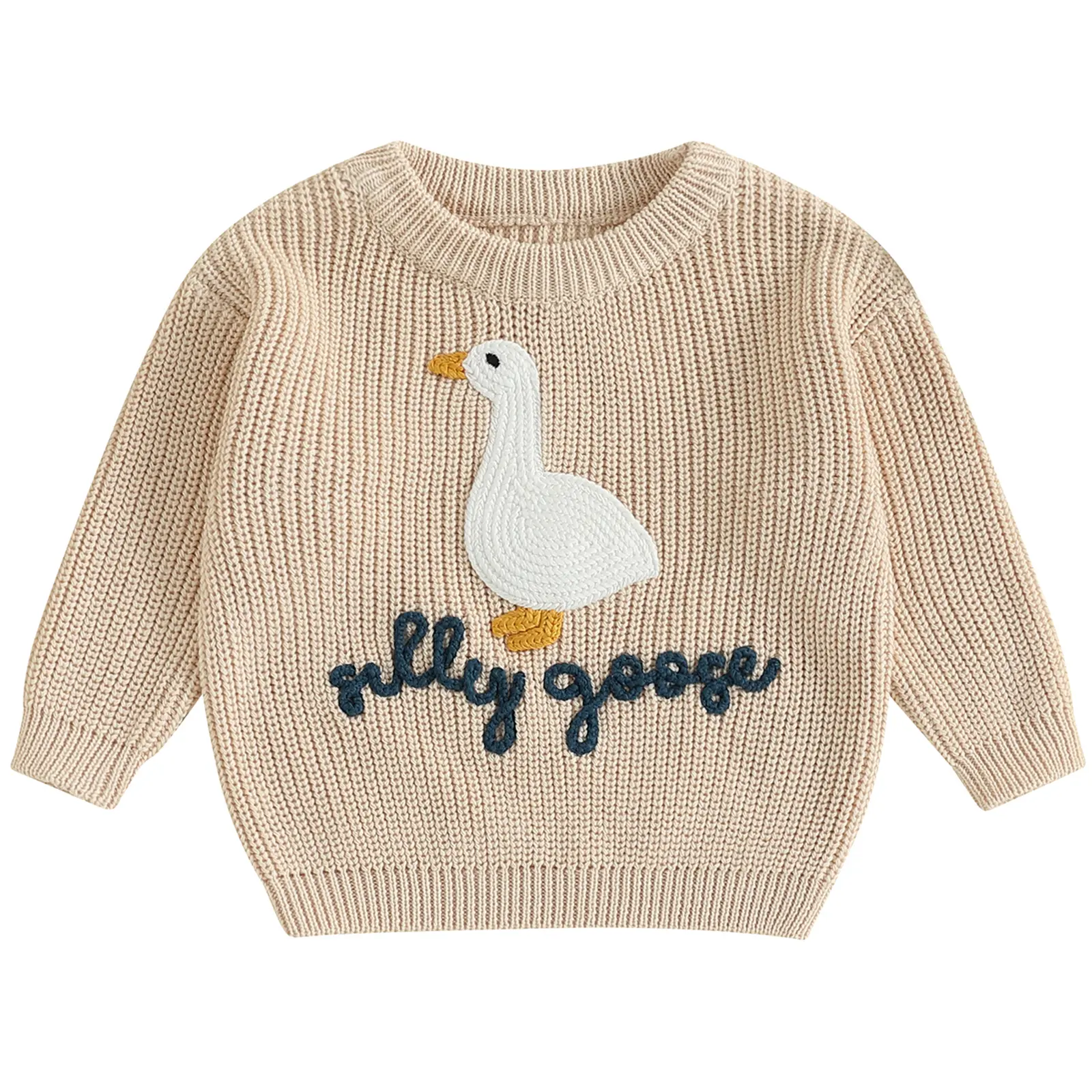 Toddler Infant Baby Boy Girl Knit Sweater Silly Goose Embroidery Long Sleeve Pullover Knit Chunky Knit Tops Shirt Winter Clothes
