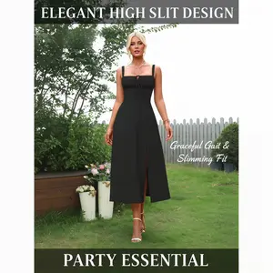 Parthea Women's Frenchy Style Milkmaid Dress - Lace Up, Tie Front, Split Thigh, Square Neck Midi - Adjustable & Elegant for Parties, Formal Events, Christmas - Casual Womenswear