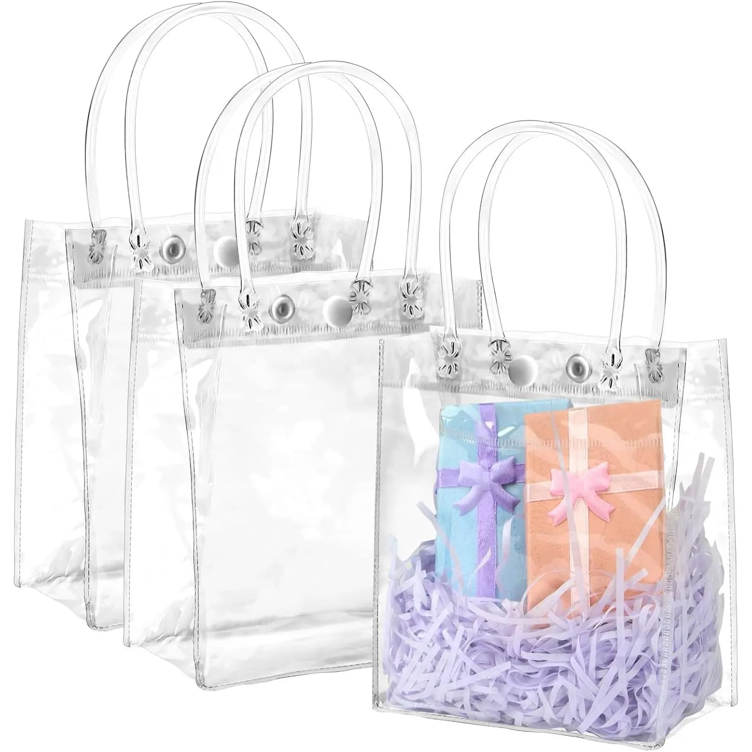 21 Pack Clear  Bags with Handles, 5.1 x 5.9 x 2.8 Inch Transparent Plastic Party Favor Bags Bulk, Mini  PVC Tote Goodie Bag for Birthday Wedding  Shower Holidays Gifts Wrap