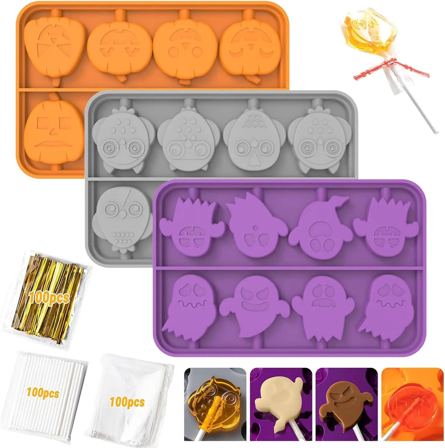 3 Pack Halloween Candy Molds with Pumpkin, Ghost, Owl Shapes - Halloween Set with 100pcs Lollipop Sticks/Candy Bags/Gold Ties, Chocolate & Jello Molds (Style A)