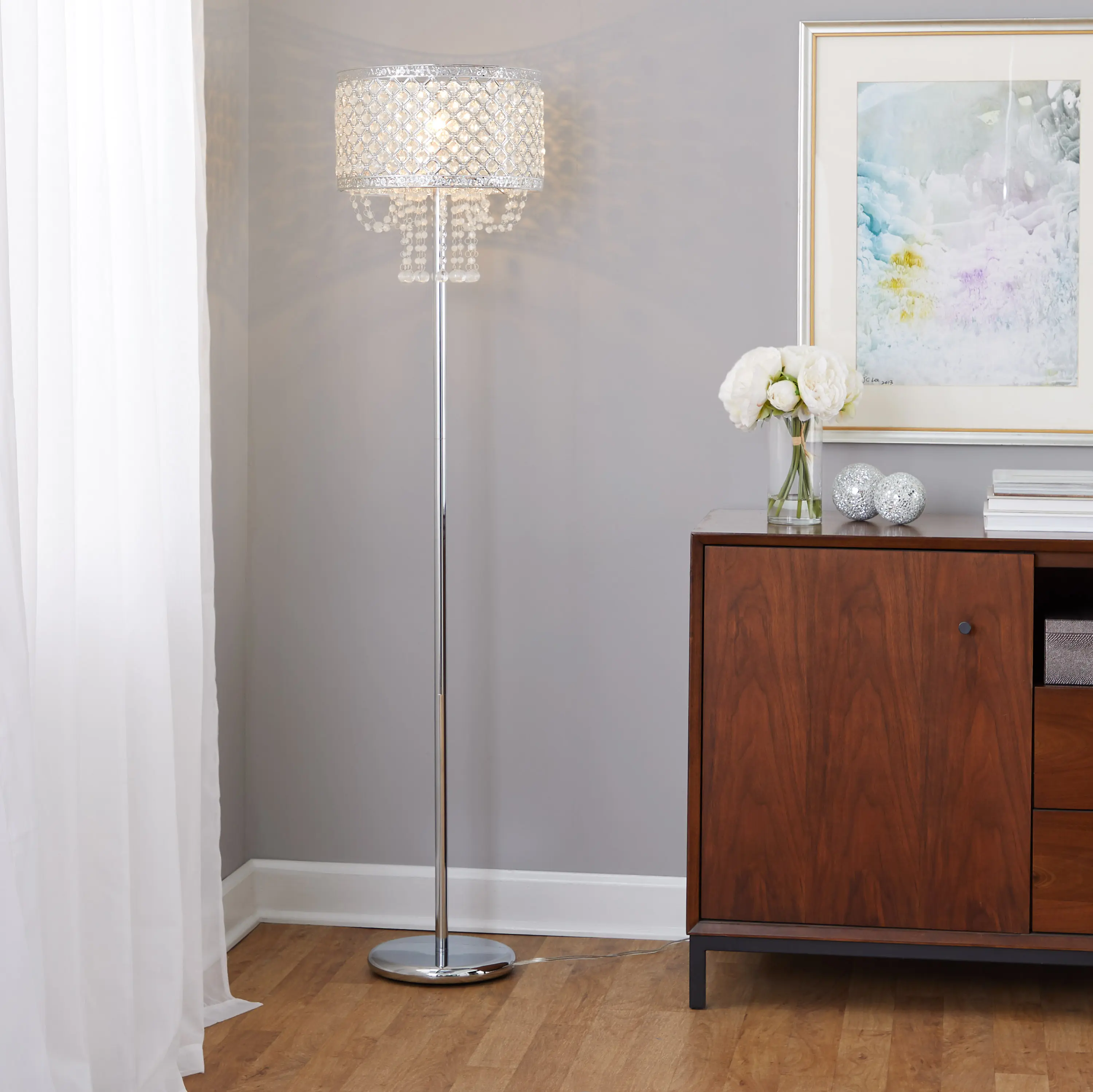 Polished Chrome Floor Lamp with Crystal Accents, 60" Contemporary Metal Design