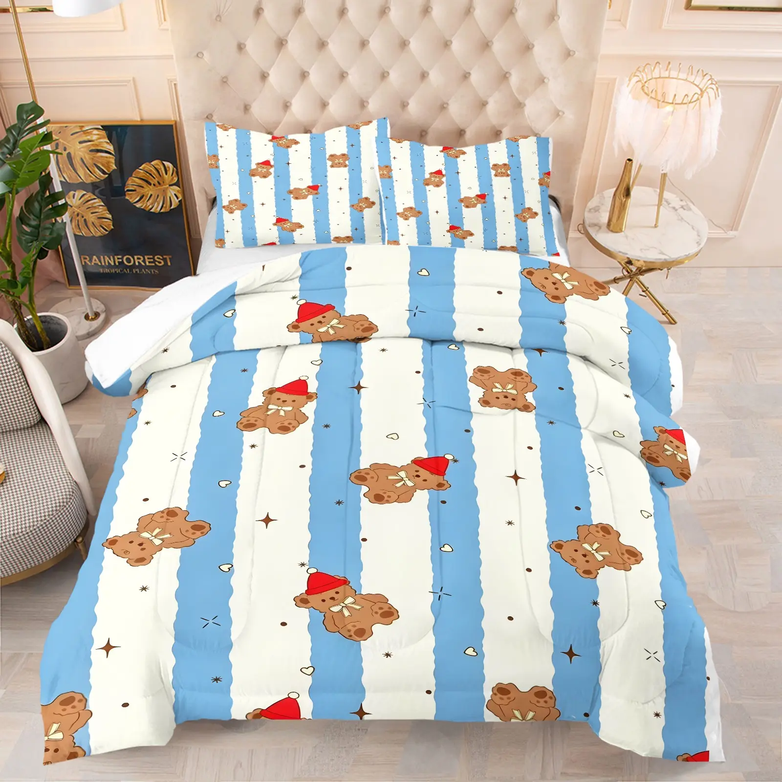 2/3piece Set of Fresh and Cute Cartoon Teddy Bear Print Bedding, Made From Warm, Soft, and Breathable Fabric With a Zipper Closure, Perfect for Decorating Children's Bedrooms and Guest Rooms