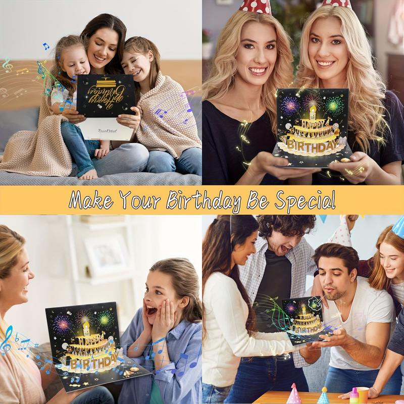 Happy Birthday Pop-Up Card with Blow The Candle, Birthday Cards Fireworks Pop Up Cake LED Light and Music, Singing Happy Birthday Gifts Decorations for Husband, Women, Kids, Son, Her, & Dad