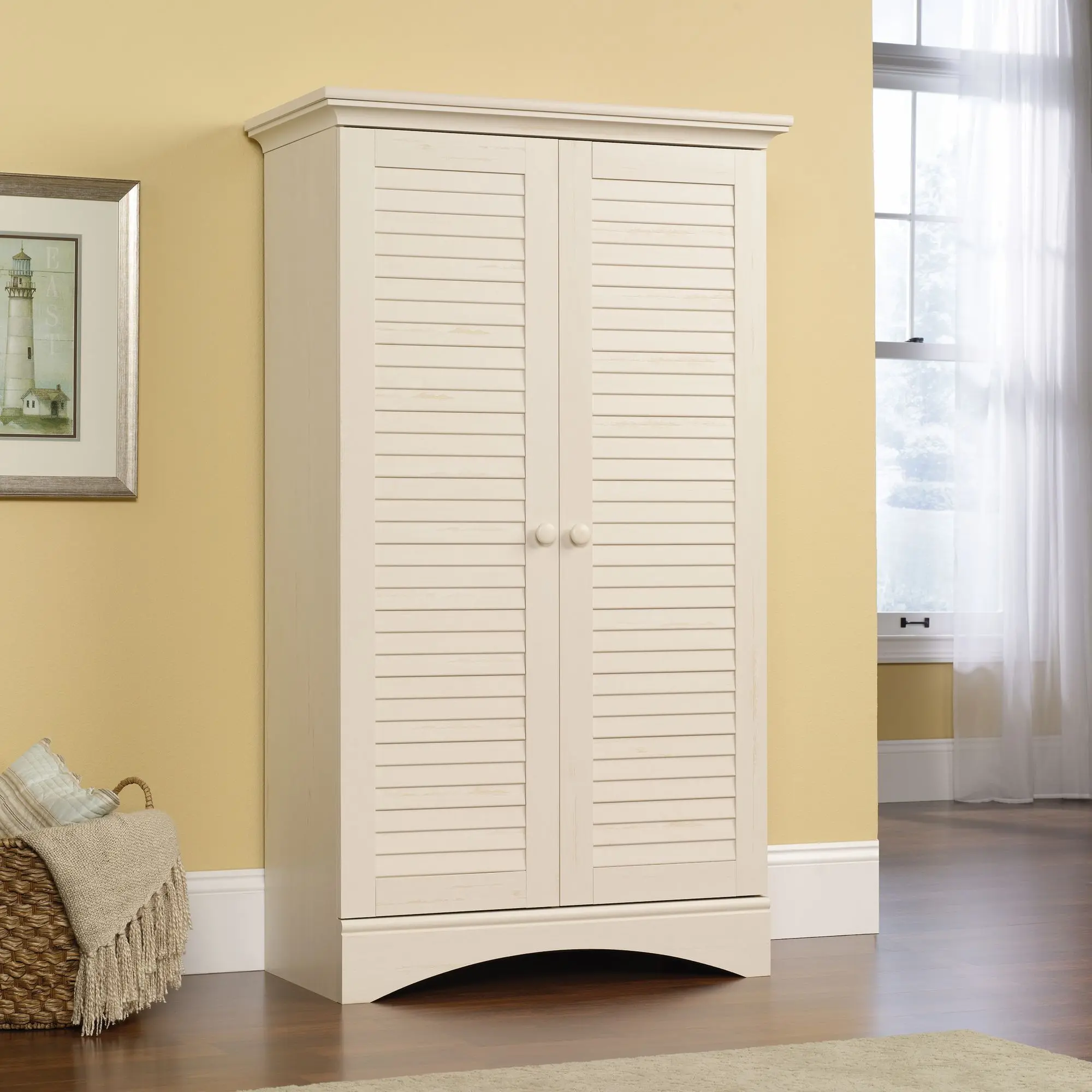 Sauder Coastal Cottage Wood Storage Cabinet - Louvered Doors, Adjustable Shelves, Hidden Storage, Sturdy Space Saving Furniture for Kitchen Organization, Assembly Required