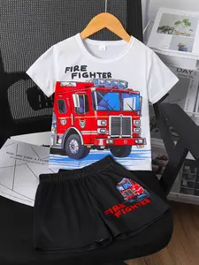 Summer Boys 2 Piece Set with Fire Truck Print T-Shirt and Shorts, Cute for Boys, Comfortable Toddler Clothing for Warm Weather, Casual Set