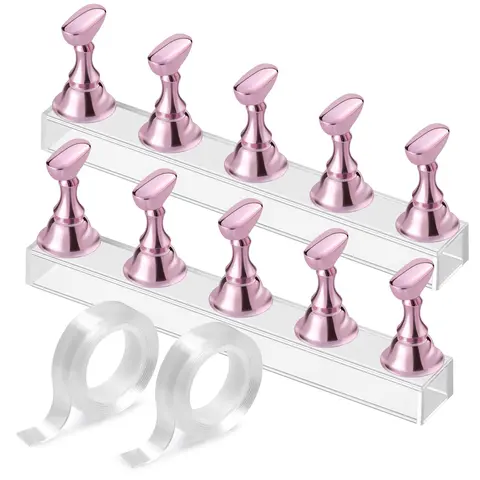 Nail Stand Acrylic Nail Art Display Stand Practice Nail Holder for Painting Nails Magnetic Practice Stands with Double-sided Tape For DIY Salon Supplies (Pink)