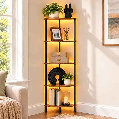 5-Tier Wooden Corner Shelf with Remote LED Light, Multi-Purpose Display Storage Rack, Bookshelf Plant Stand for Living Room, Bedroom (Holds Clothes, Bags, Books)