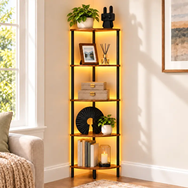 5-Tier Wooden Corner Shelf with Remote LED Light, Multi-Purpose Display Storage Rack, Bookshelf Plant Stand for Living Room, Bedroom (Holds Clothes, Bags, Books)
