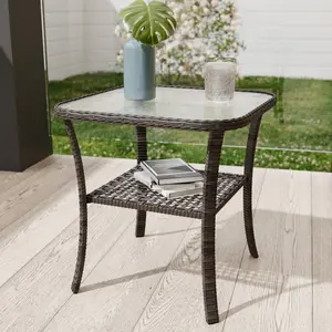 Brown Square Wicker Rattan Side Table With Glass Top