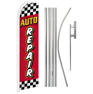 11.5x2.5ft Polyester Fabric Red Checkered Plaid Advertising Banner & Steel-Aluminium Auto Repair Flag Pole Kit, Outdoor Signage with Curved Sleeve
