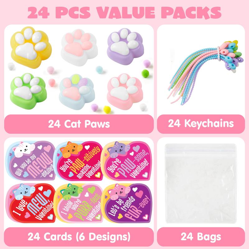 JOYIN Valentine's Day 2" Cat Paw Fidget Toys 24 PCS with Cards Mochi Toys for School Classroom Exchange Gifts Party Favors Stress Balls Keychain for Kids Boys Girls