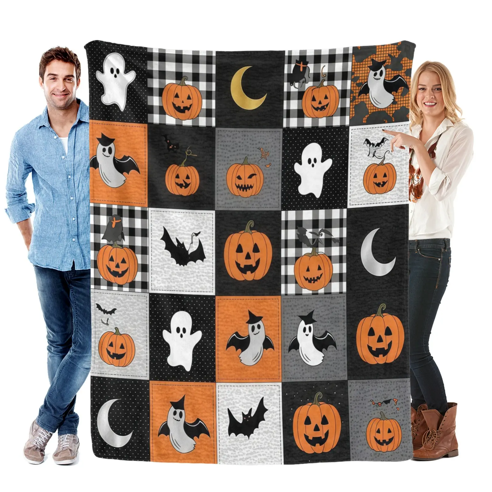 Cozy Halloween Flannel Blanket - Spooky Pumpkins, Cute Ghosts, Bats, Moon Patchwork Design for Bedroom Decor